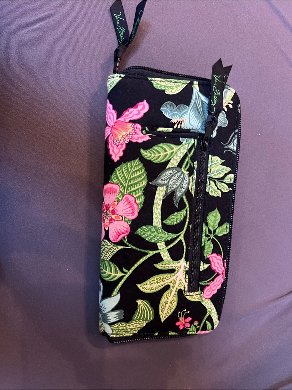 Vera Bradley Floral Zip Wallet - Black with Pink & Green